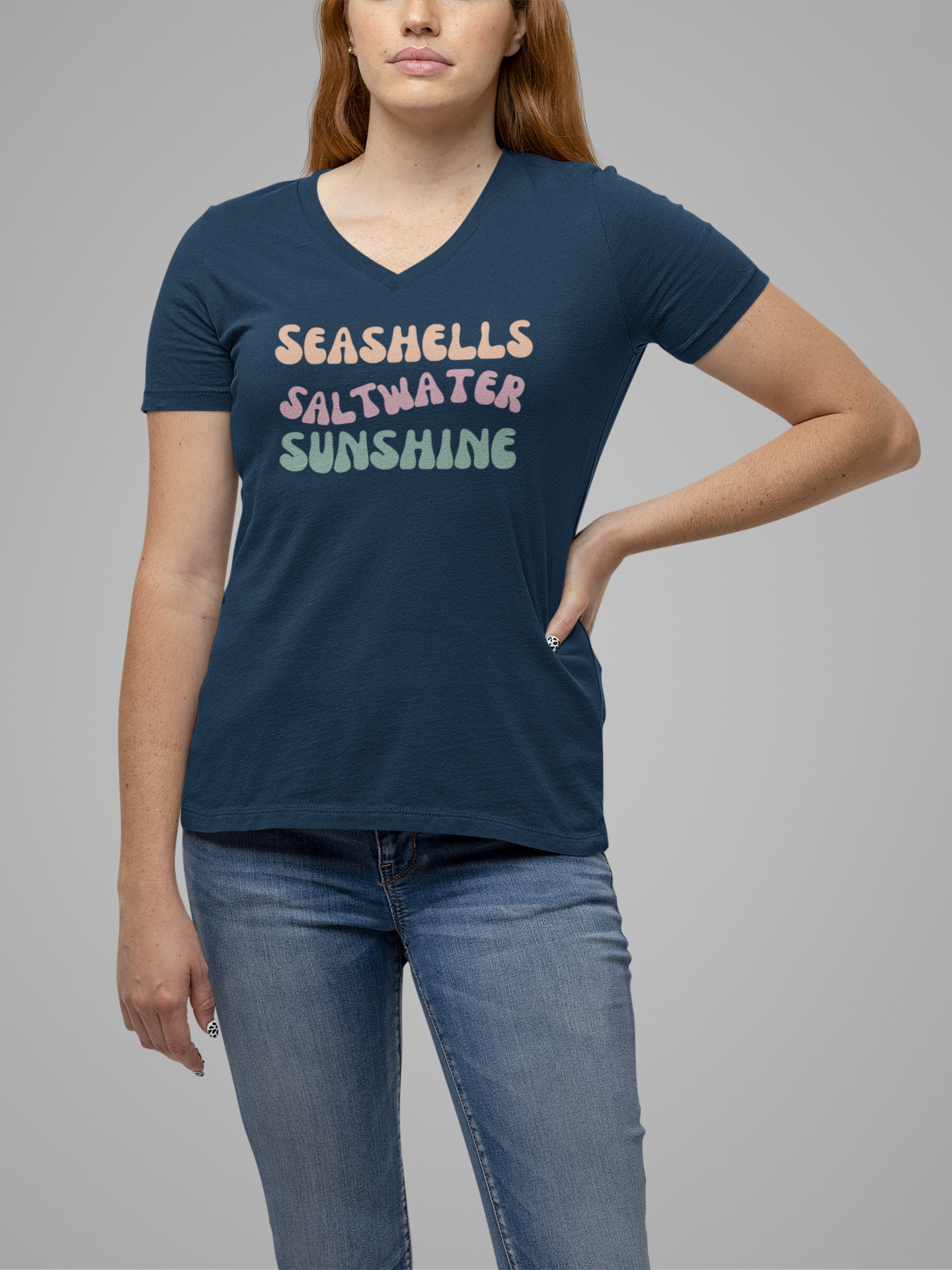 Seashells Saltwater Sunshine V-Neck Tee | Ladies Cotton T-Shirt