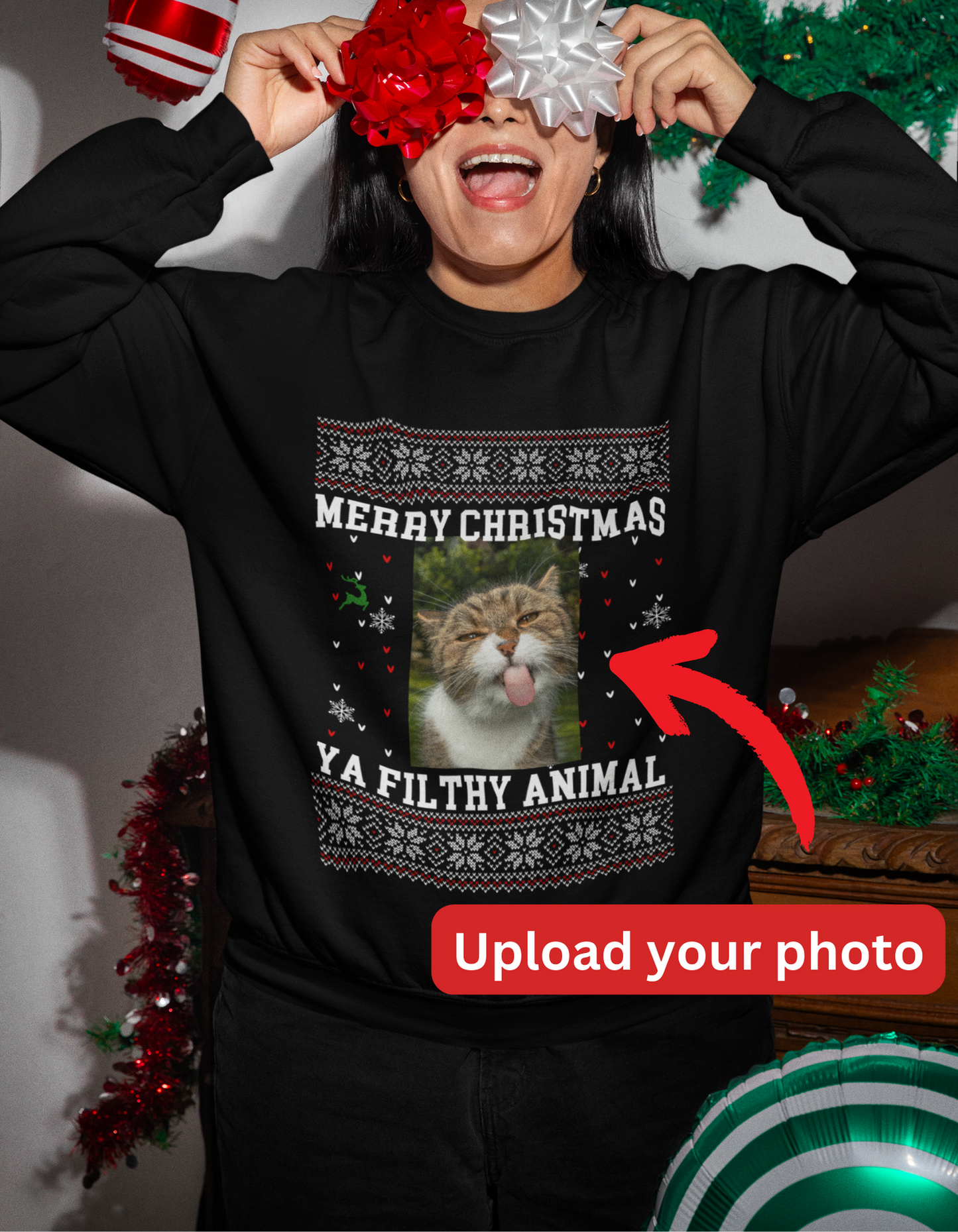 Upload Your Photo-Ugly/Funny Christmas Sweatshirt-Ya Filthy Animal | Crewneck Pullover Sweatshirt