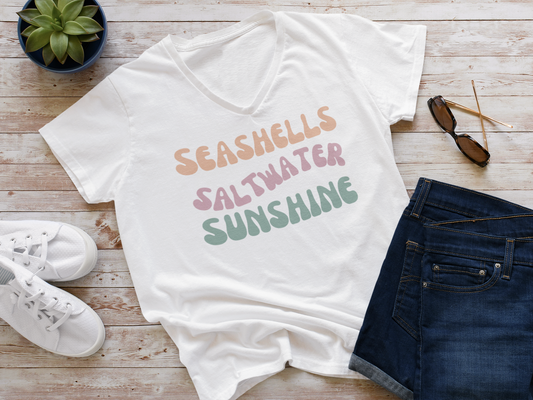 Seashells Saltwater Sunshine V-Neck Tee | Ladies Cotton T-Shirt