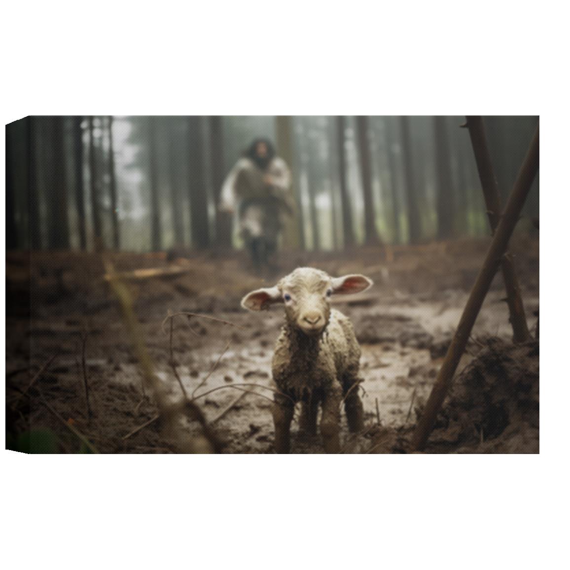 JESUS RESCUES THE LAMB canvas wall art | Deluxe Landscape Canvas 1.5in Frame