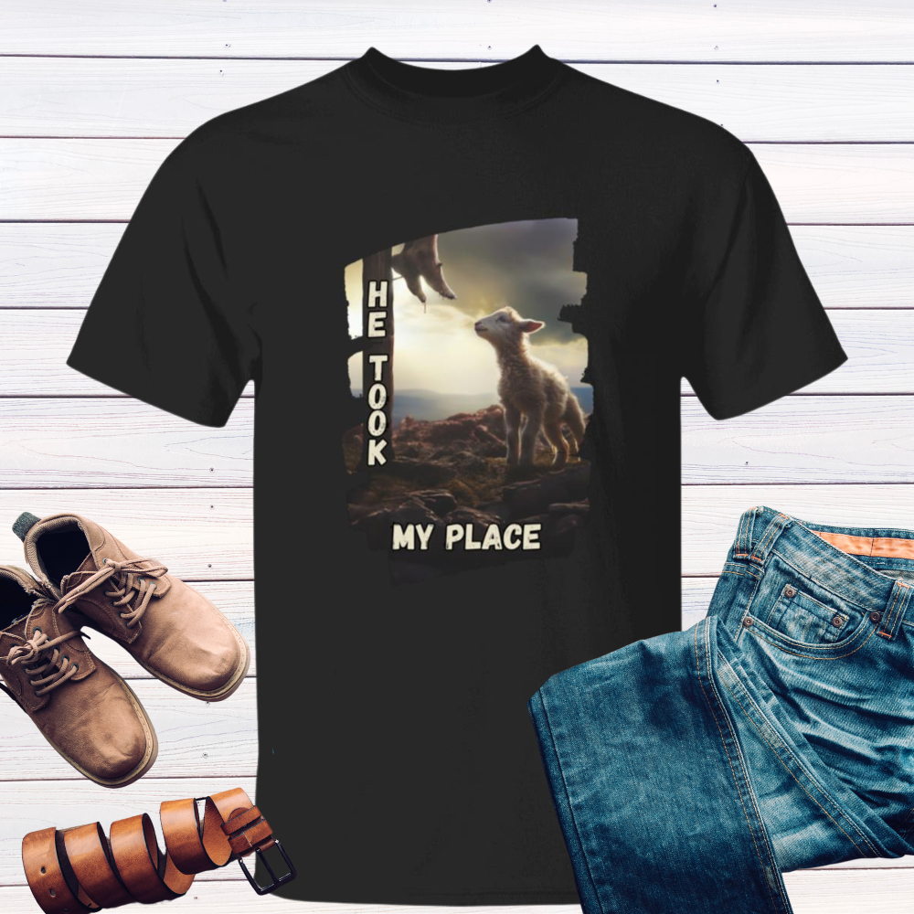 He Took My Place (Style B); Lamb at Cross | 100% Cotton Unisex T-Shirt