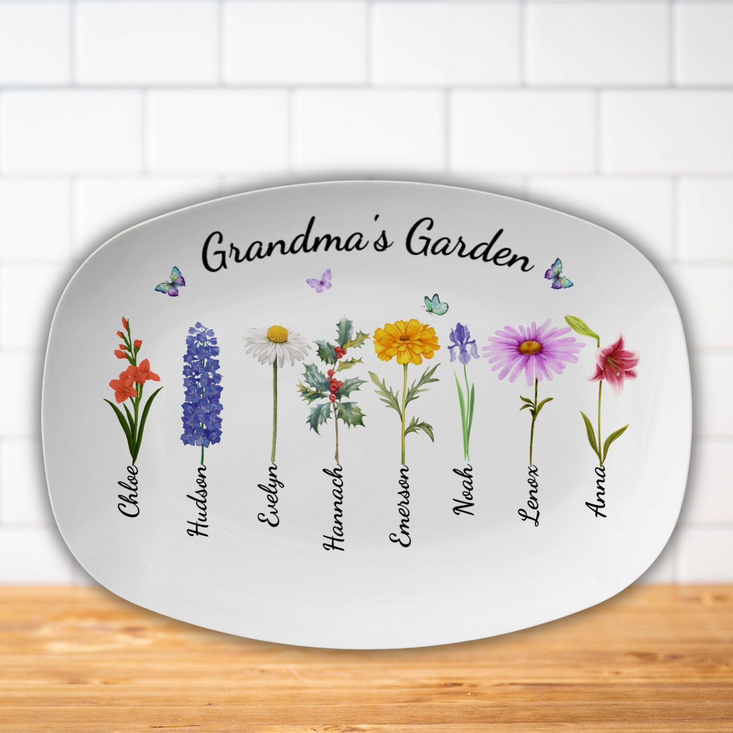 Grandma's Butterfly Garden Customized Birth Flower Platter | Serving Platter 14x10in