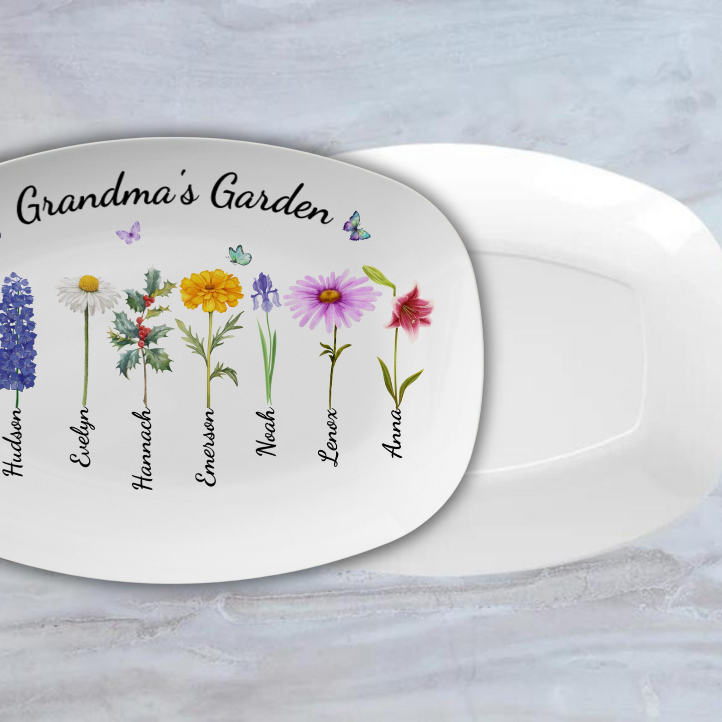 Grandma's Butterfly Garden Customized Birth Flower Platter | Serving Platter 14x10in