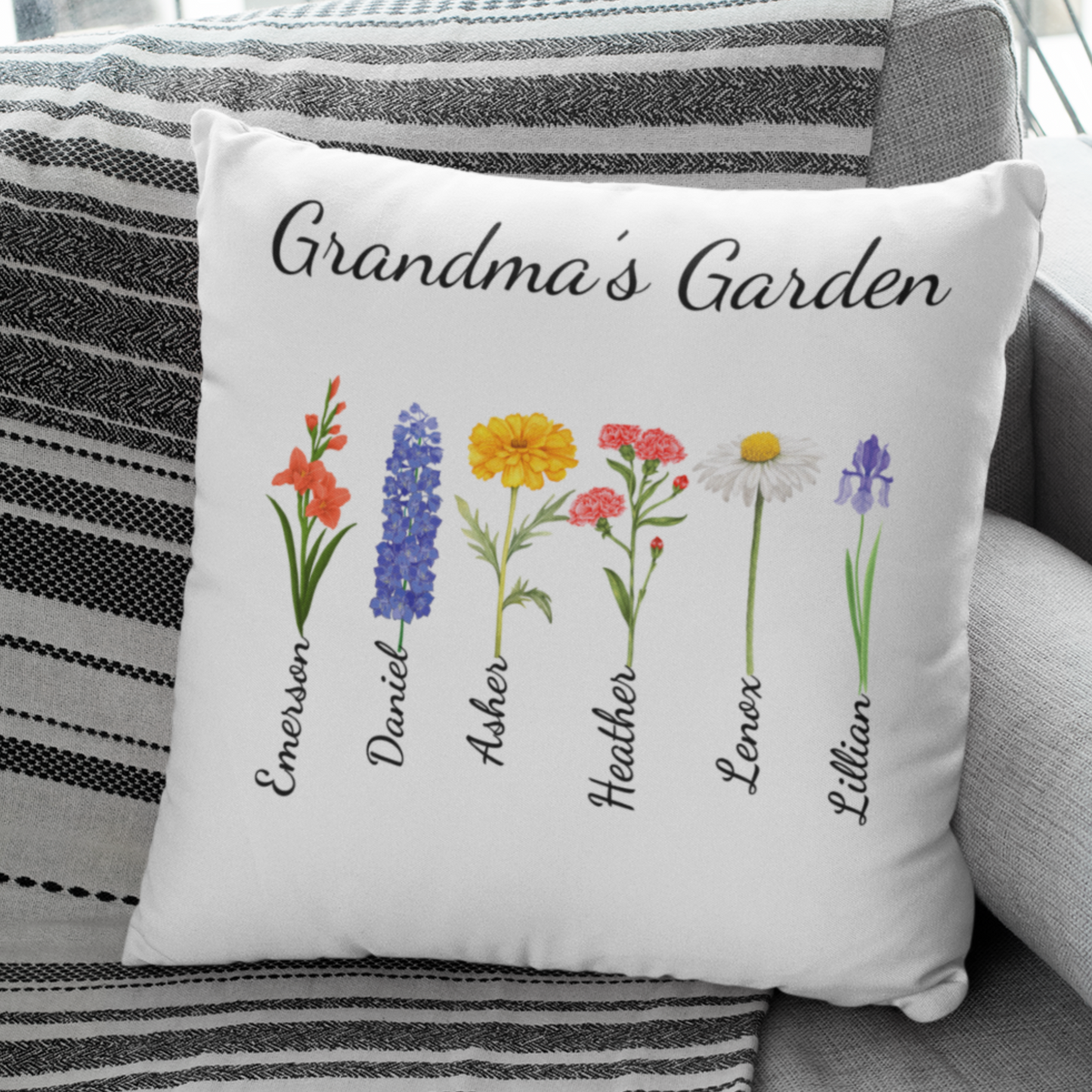 Grandma's Garden Customized Birth Flower Pillow | Large Square Pillow