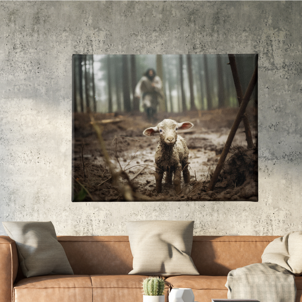 Jesus Running After a Lost Lamb Canvas Wall Art | Landscape Canvas