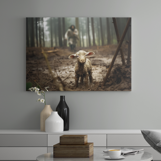 Jesus Running After a Lost Lamb Canvas Wall Art | Landscape Canvas