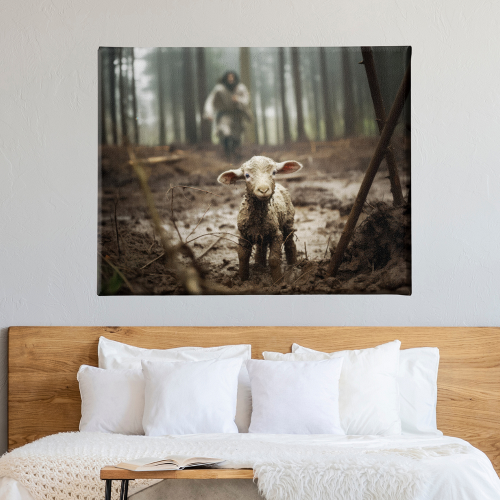 Jesus Running After a Lost Lamb Canvas Wall Art | Landscape Canvas