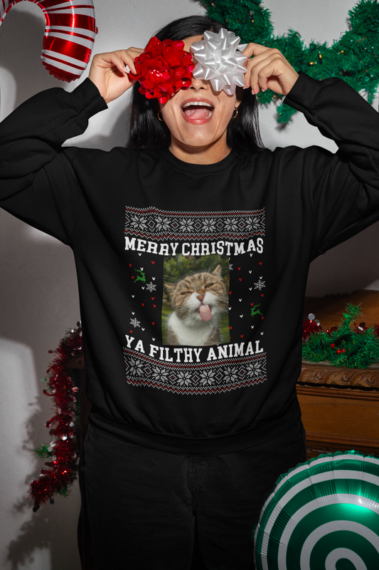 Upload Your Photo-Ugly/Funny Christmas Sweatshirt-Ya Filthy Animal | Crewneck Pullover Sweatshirt